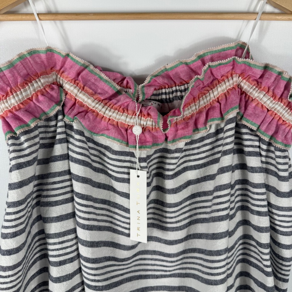 Trina Turk Off Shoulder Striped Linen Blouse Womens XLPineapple Top Grey Pink - Picture 6 of 8